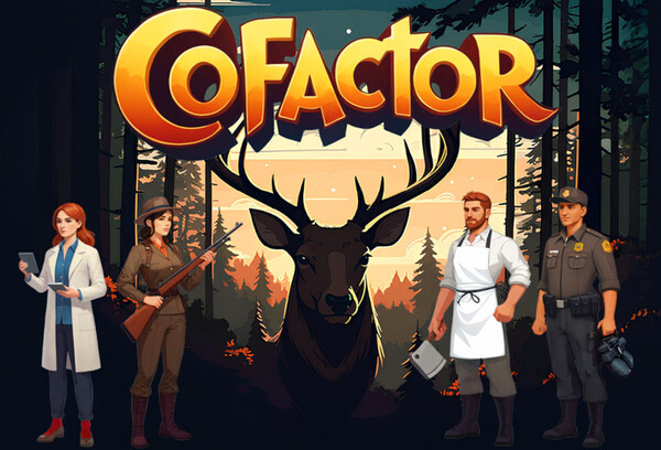 Screen shot of start image for the Cofactor video game, featuring 4 characters and a giant buck